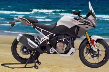 TVS Apache RTX 300 black adventure bike with 299cc engine parked on road