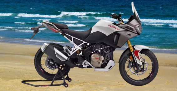 TVS Apache RTX 300 black adventure bike with 299cc engine parked on road