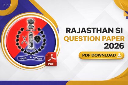 Rajasthan SI Question Paper 2026 PDF डाउनलोड बैनर, जिसमें राजस्थान पुलिस लोगो और डाउनलोड बटन दिखाया गया है