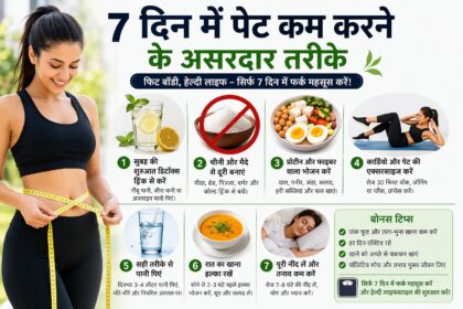 7 दिन में पेट कम करने के असरदार तरीके दिखाता हुआ फिटनेस और हेल्दी डाइट प्लान हिंदी गाइड