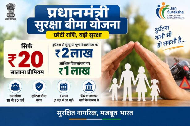 प्रधानमंत्री सुरक्षा बीमा योजना 2026 में ₹20 सालाना प्रीमियम पर दुर्घटना बीमा