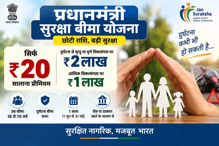 प्रधानमंत्री सुरक्षा बीमा योजना 2026 में ₹20 सालाना प्रीमियम पर दुर्घटना बीमा